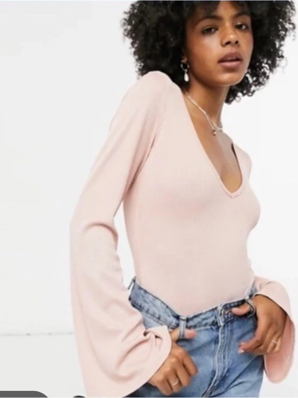 NWT. Free People Charli Ribbed V-Neck Bell Sleeve Bodysuit - Blush
